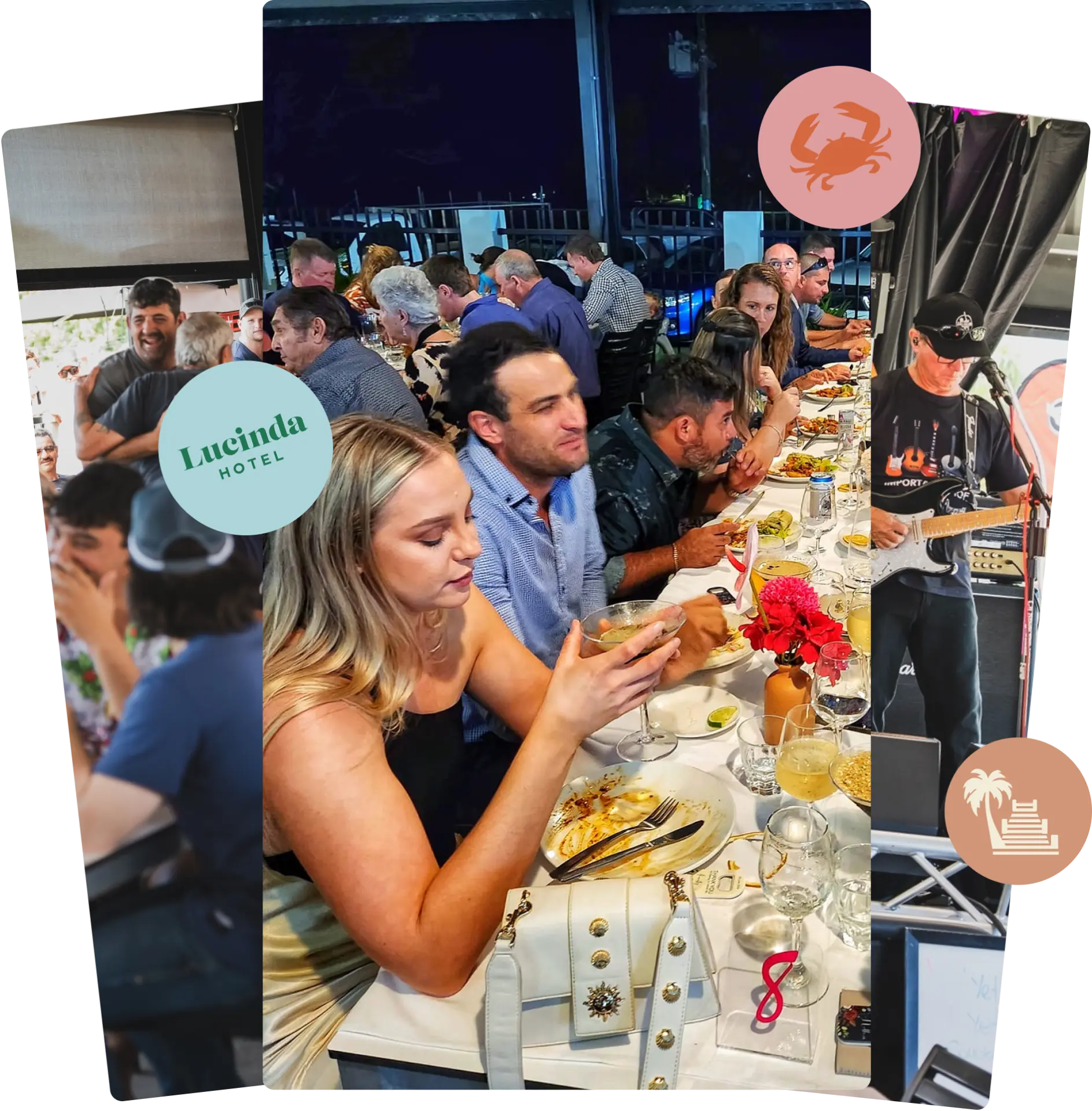 Guests dining and live music at the Lucinda Hotel